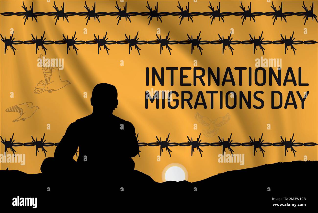 Illustrazione vettoriale di uno sfondo per la Giornata Internazionale dei migranti. Giornata Internazionale dei migranti, illustrazione del concetto di migrazione, illustrazione vettoriale. Illustrazione Vettoriale