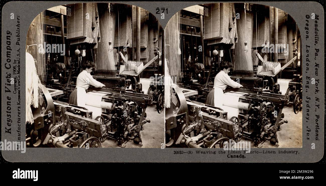 Filatura del tessuto di lino - mulino di lino. , Industria del lino, tessitura, lavoratori del mulino tessile, telai Foto Stock