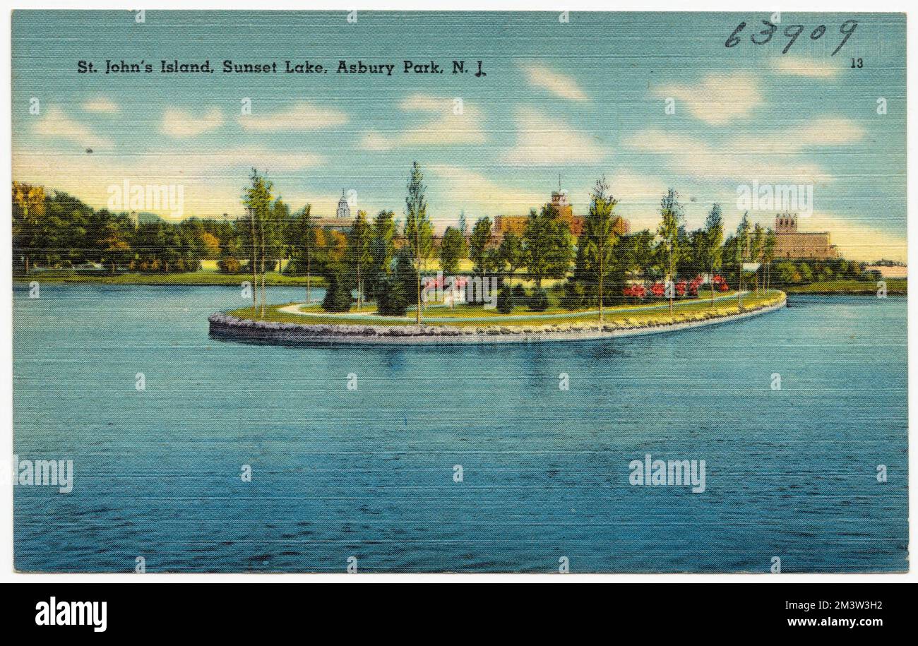 St John's Island, Sunset Lake, Asbury Park, N. J., Laghi e stagni, Tichnor Brothers Collection, cartoline degli Stati Uniti Foto Stock