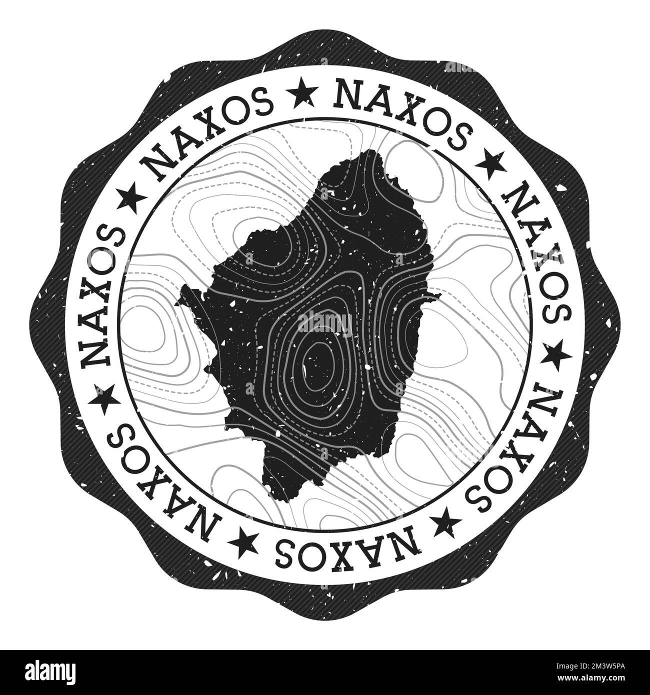 Francobollo per esterni Naxos. Adesivo rotondo con mappa dell'isola con isoline topografiche. Illustrazione vettoriale. Illustrazione Vettoriale