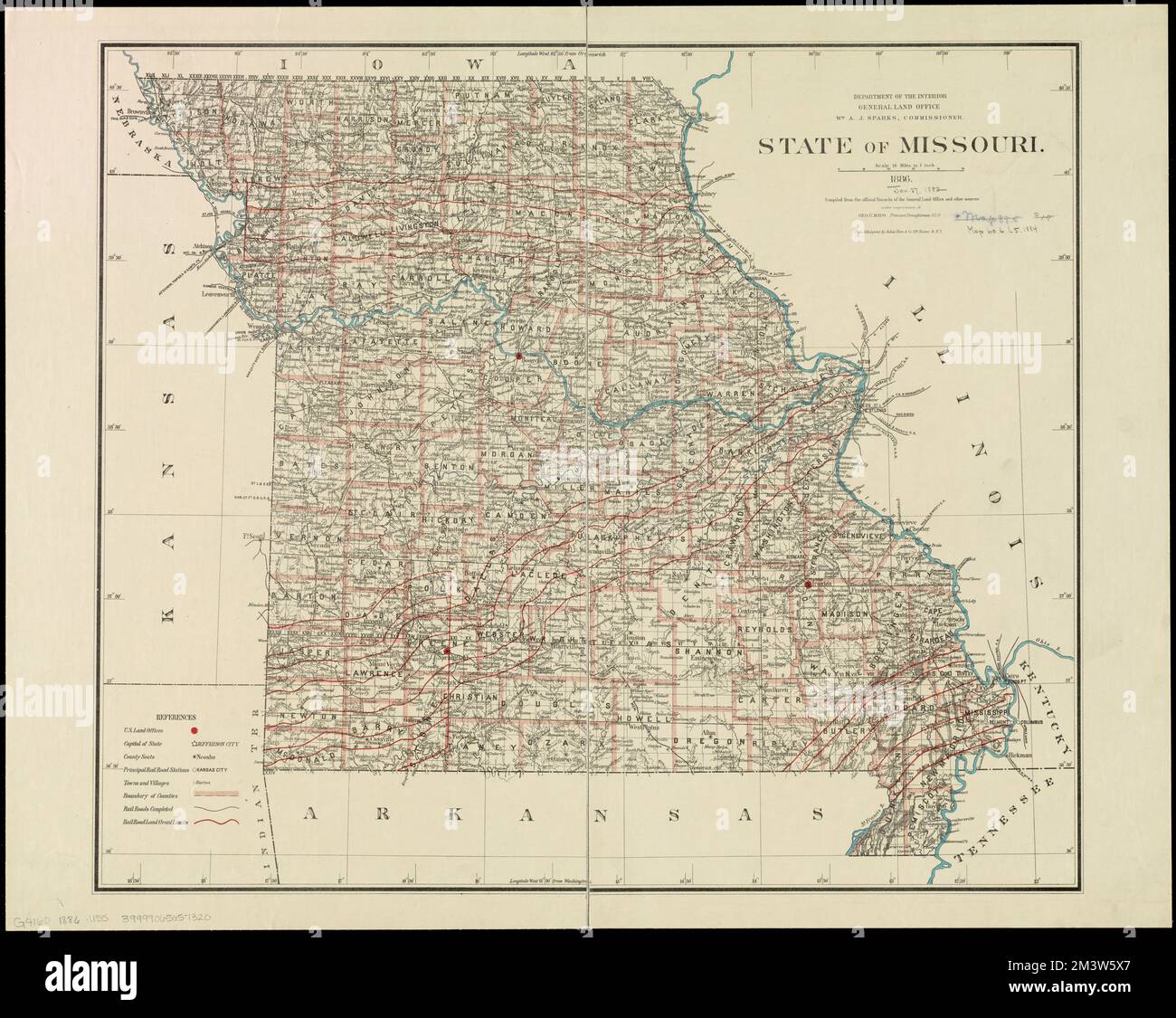 Stato del Missouri , Ferrovie, Missouri, Mappe, Missouri, Mappe Norman B. Leventhal Map Center Collection Foto Stock