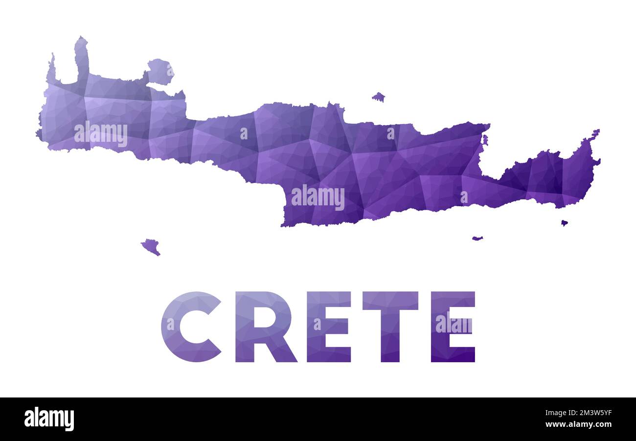 Mappa di Creta. Bassa illustrazione poly dell'isola. Design geometrico viola. Illustrazione del vettore poligonale. Illustrazione Vettoriale