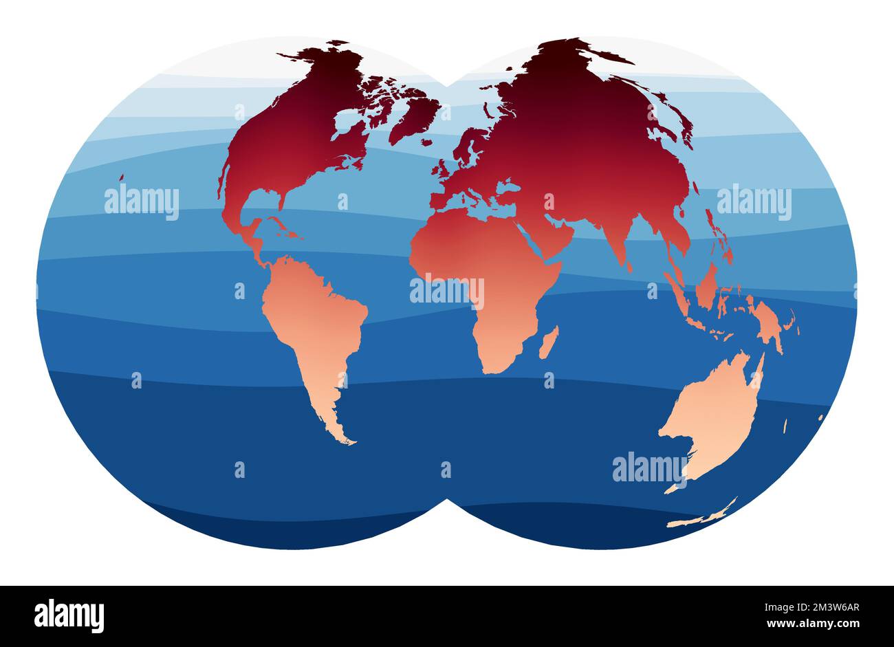Vettoriale della mappa del mondo. Proiezione globulare Nicolosi. Mondo in rosso-arancione sfumatura sulle profonde onde blu dell'oceano. Illustrazione vettoriale fredda. Illustrazione Vettoriale