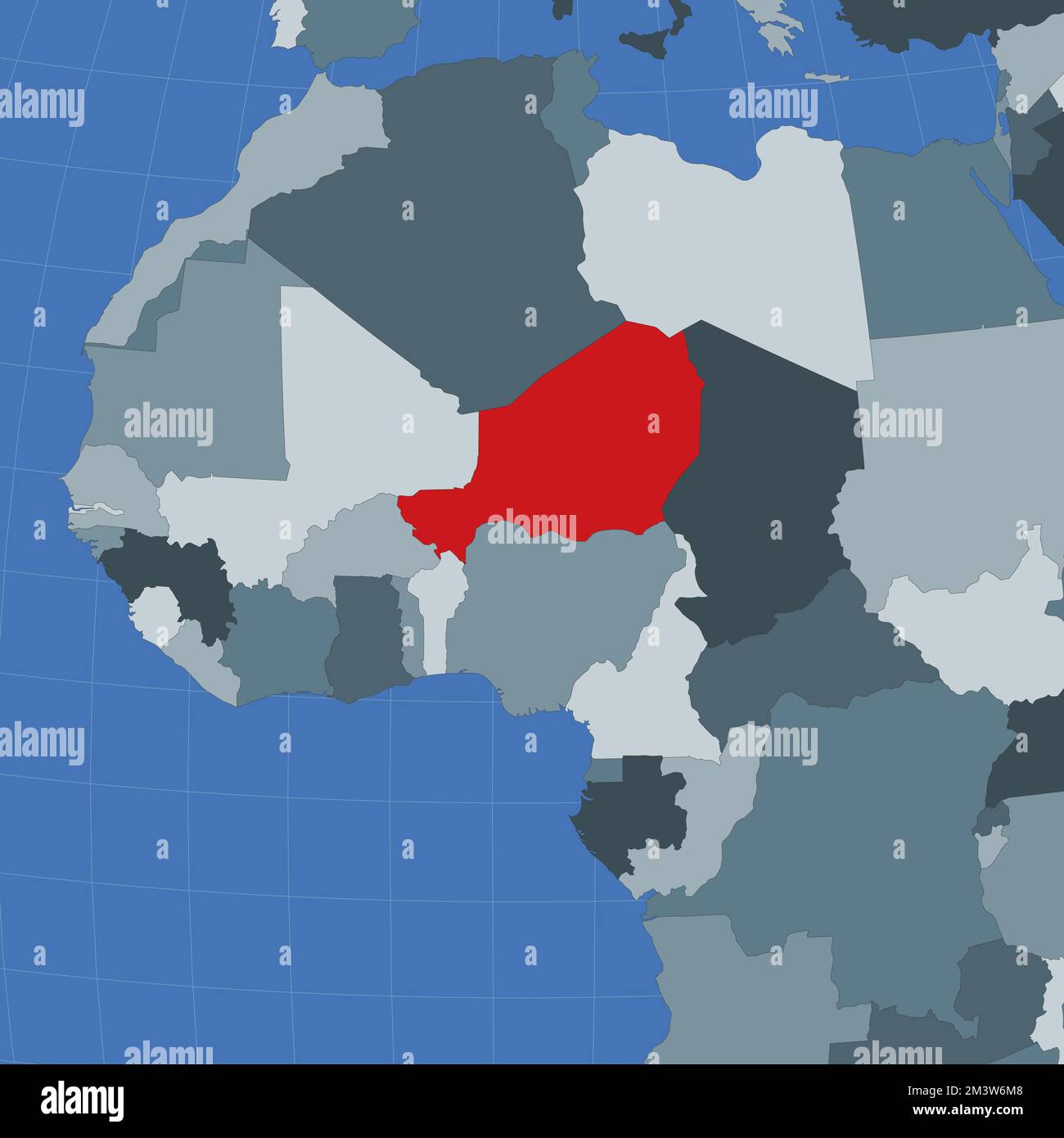 Forma del Niger nel contesto dei paesi vicini. Paese evidenziato in rosso sulla mappa del mondo. Modello mappa Niger. Illustrazione vettoriale. Illustrazione Vettoriale