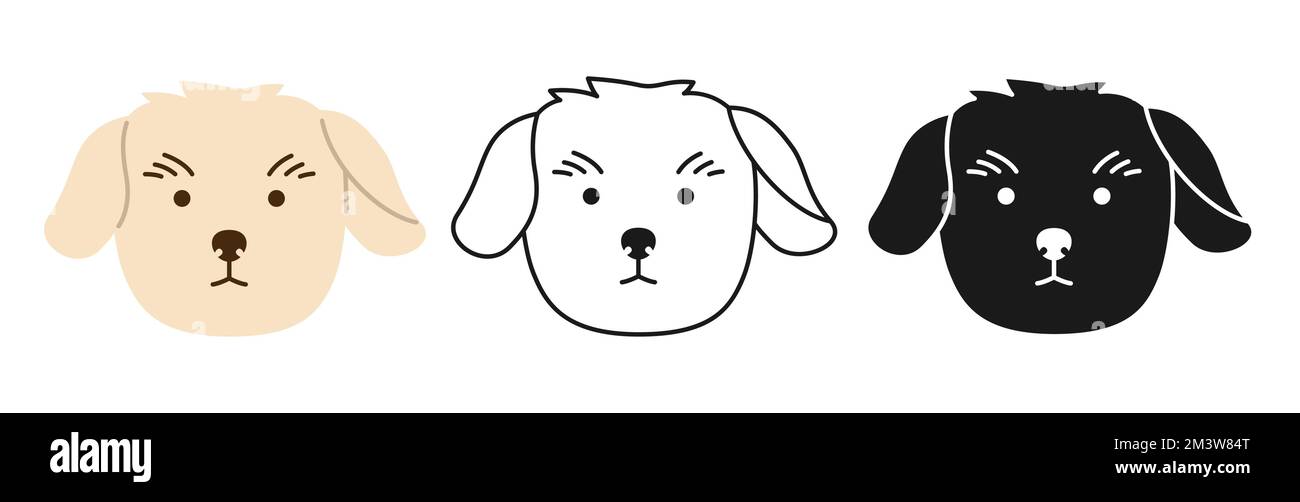 Dog Maltese Terrier affronta il set di caratteri cartoni animati. Sorridente comic divertente cucciolo bambino. Carino cucciolo childish kawaii testa simbolo muso, linea doodle, icona o silhouette. Stampa vettoriale modello adesivo piatto Illustrazione Vettoriale