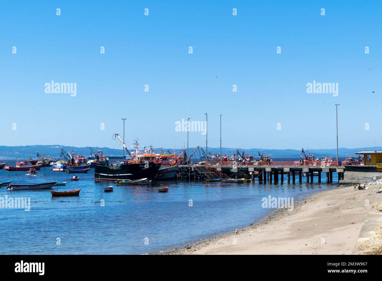 Barche da pesca al molo nella baia di Tumbes, Talcahuano, Cile Foto Stock
