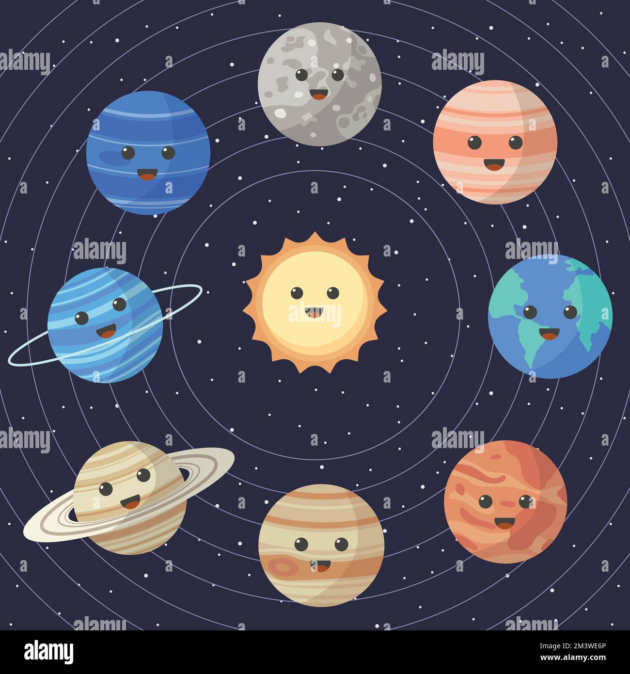 Set di pianeti del sistema solare cartoon. Educazione dei bambini. Illustrazione vettoriale dei pianeti del sistema solare cartoon in ordine dal sole. infografica illu Illustrazione Vettoriale