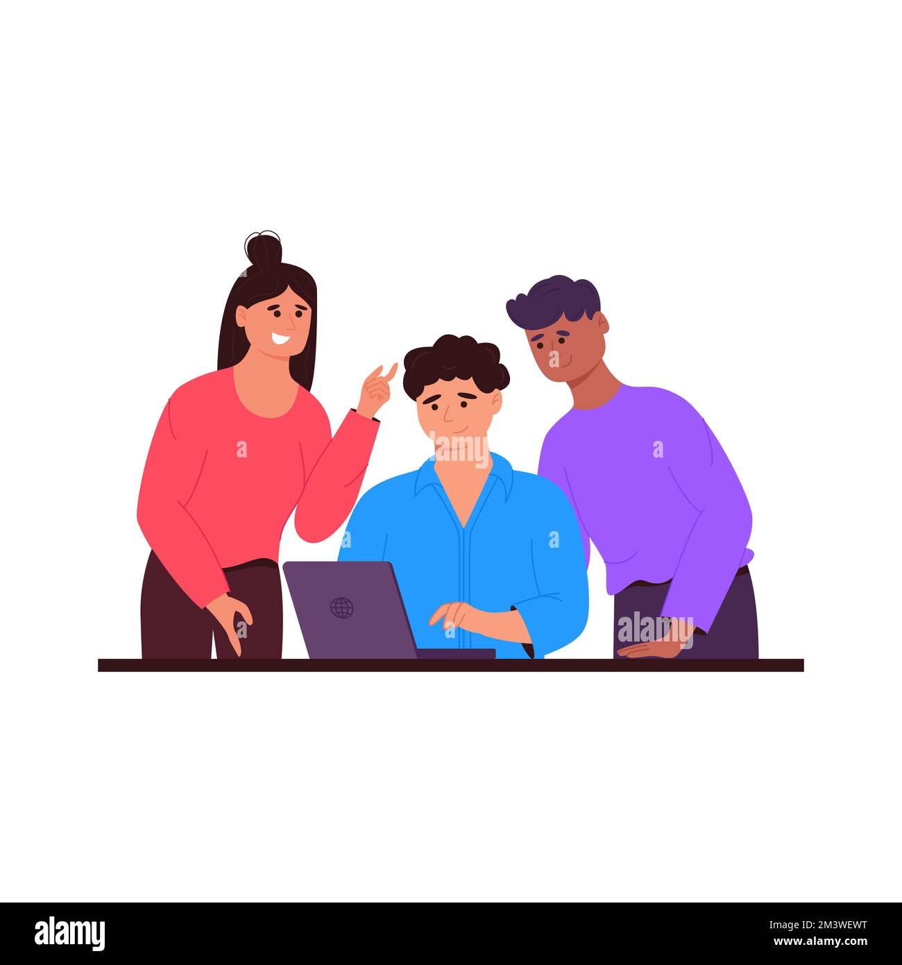 Uomo con notebook e il suo team. Concetto di lavoro di squadra. Illustrazione del vettore piatto Illustrazione Vettoriale