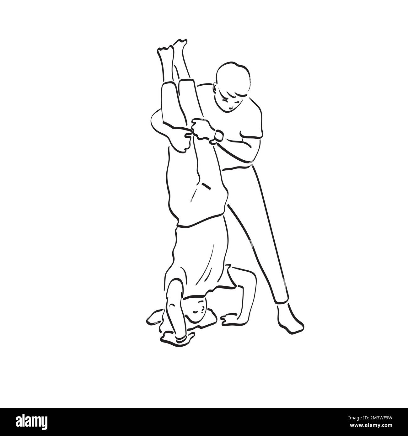 la donna che fa la testa stand vicino aiuta l'istruttore istruttore in yoga classe illustrazione vettore disegnato a mano isolato su sfondo bianco linea arte Illustrazione Vettoriale