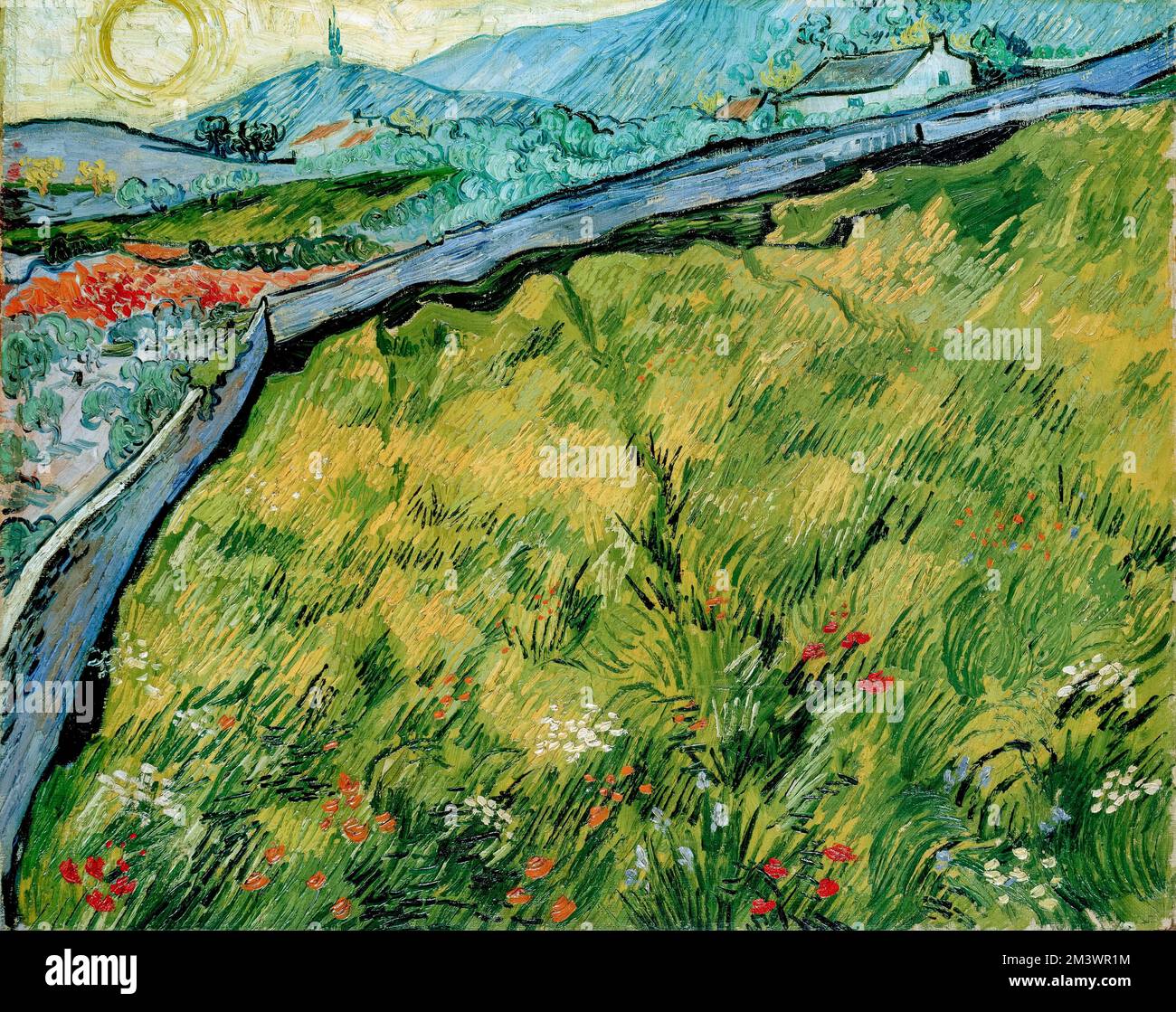 Vincent van Gogh, campo di grano recintato con sole nascente, pittura di paesaggio in olio su tela, 1889 Foto Stock