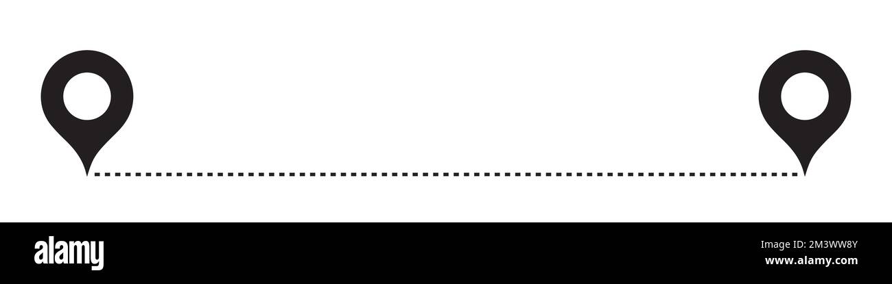 Icona della posizione del percorso, due cartelli segnaletici e linea stradale tratteggiata, simbolo di inizio e fine del percorso su sfondo bianco. Illustrazione vettoriale Illustrazione Vettoriale
