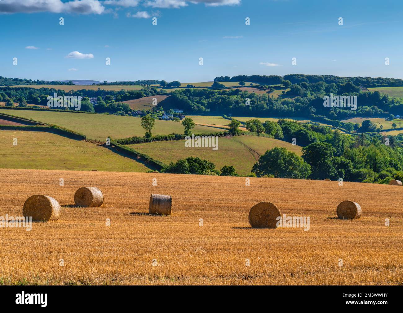 Scena di paese inglese con balle di fieno come bobine di cotone Foto Stock