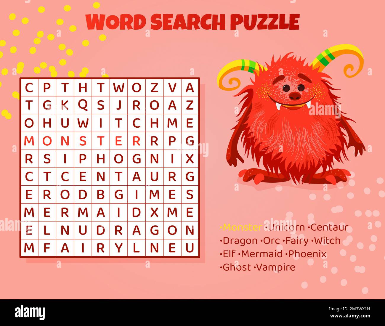 Puzzle di ricerca per parole per bambini con animali mitici. Illustrazione Vettoriale