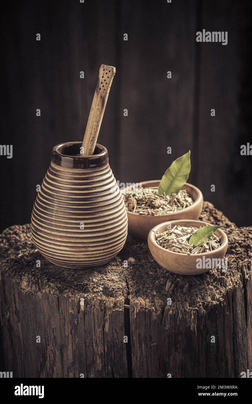 Aromatico e gustoso yerba mate con bombilla e calabasch. Yerba mate pronto per l'estrazione. Foto Stock