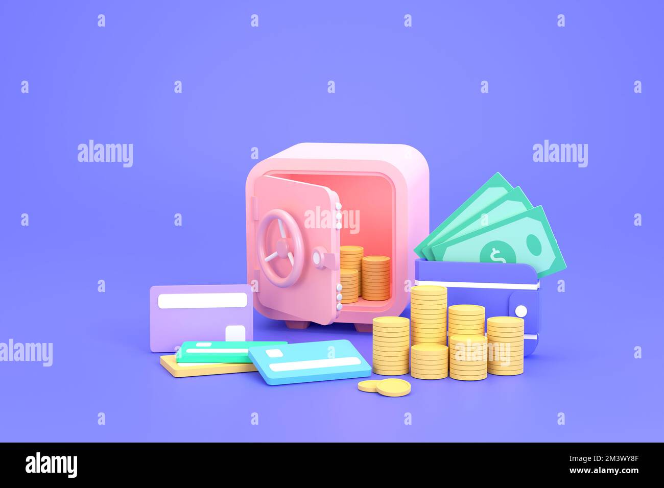 3D. Banconote e monete sicure. attività di investimento. Foto Stock