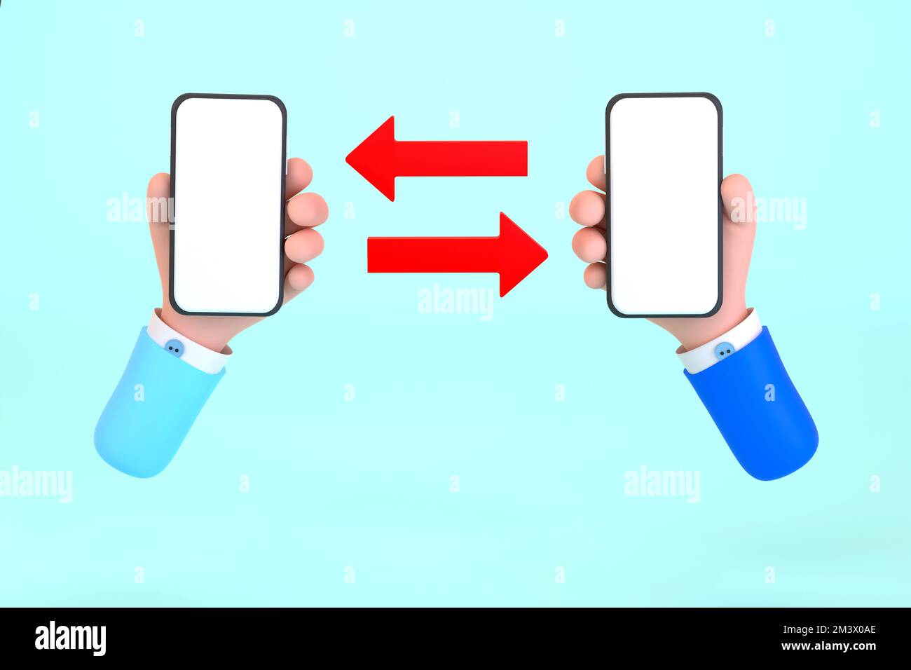 3D. Concetto di condivisione e trasferimento dei dati dei cartoni animati tra telefoni cellulari Foto Stock