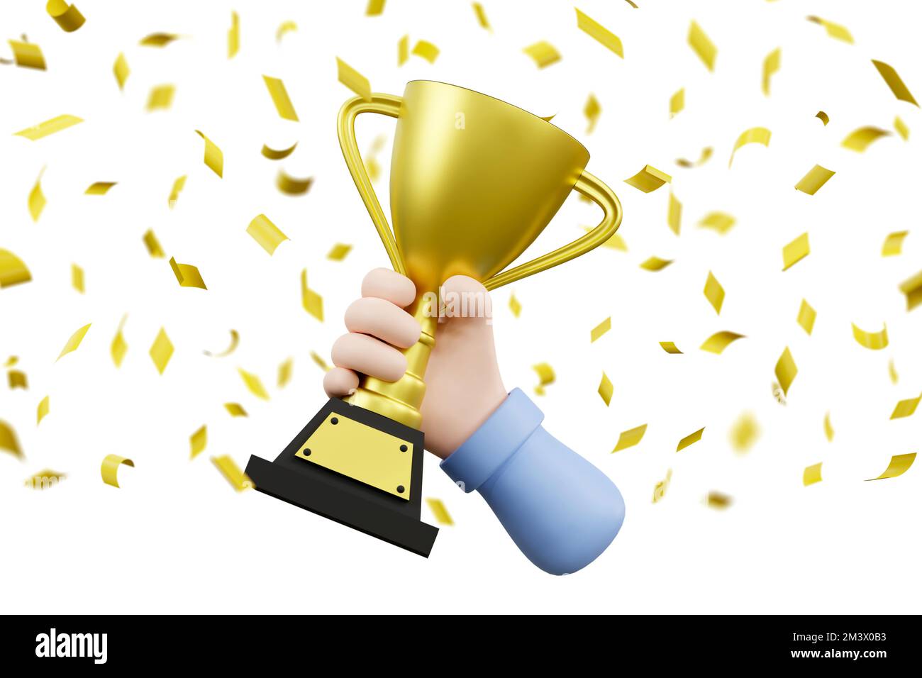 3D. Cartoon uomo d'affari mano che detiene la vittoria premio coppa trofeo Foto Stock