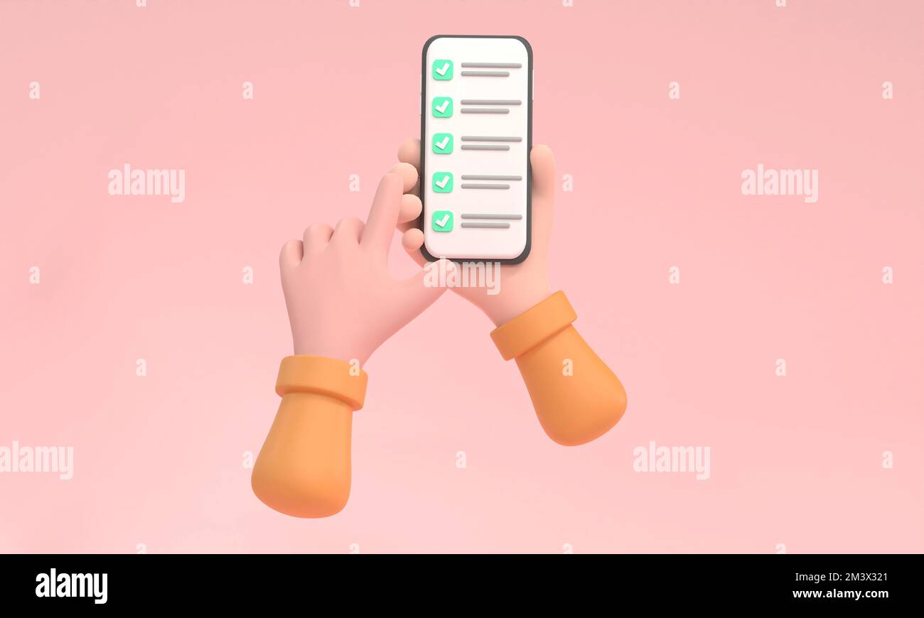 3D. Elenco di controllo sullo schermo dello smartphone. Concetto di sondaggio online. La mano contiene il telefono cellulare e la lista di controllo. Foto Stock