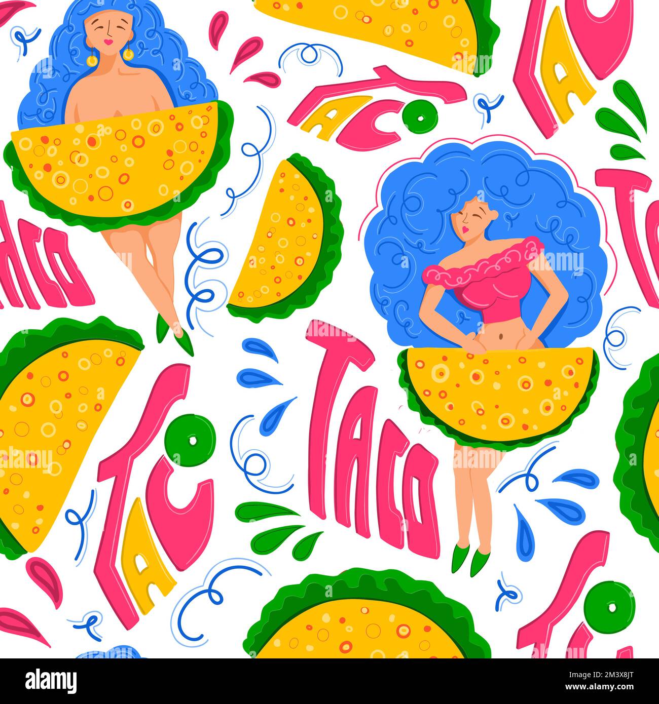 Taco. Cucina messicana. Motivo senza cuciture Taco. Stampa moderna per la stampa su magliette e cartoline Illustrazione Vettoriale