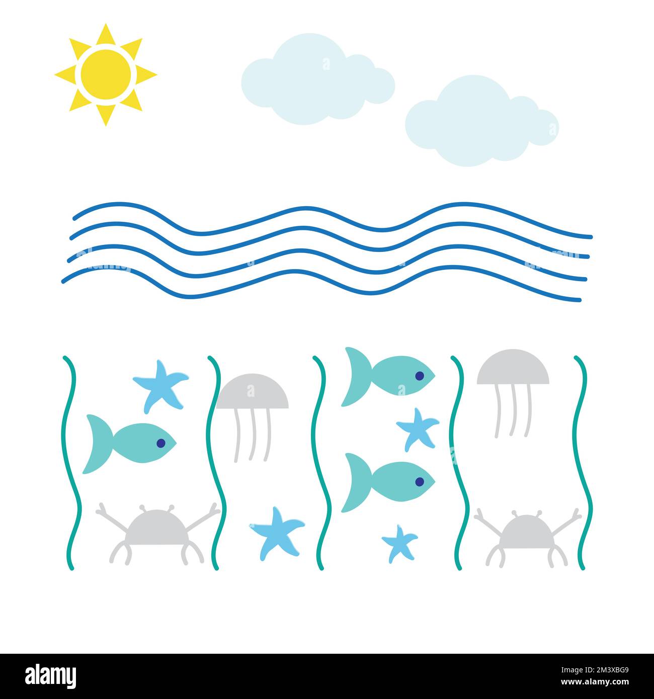 Pesci, meduse, granchi e stelle marine, concetto di vita al di sotto del mare Illustrazione Vettoriale