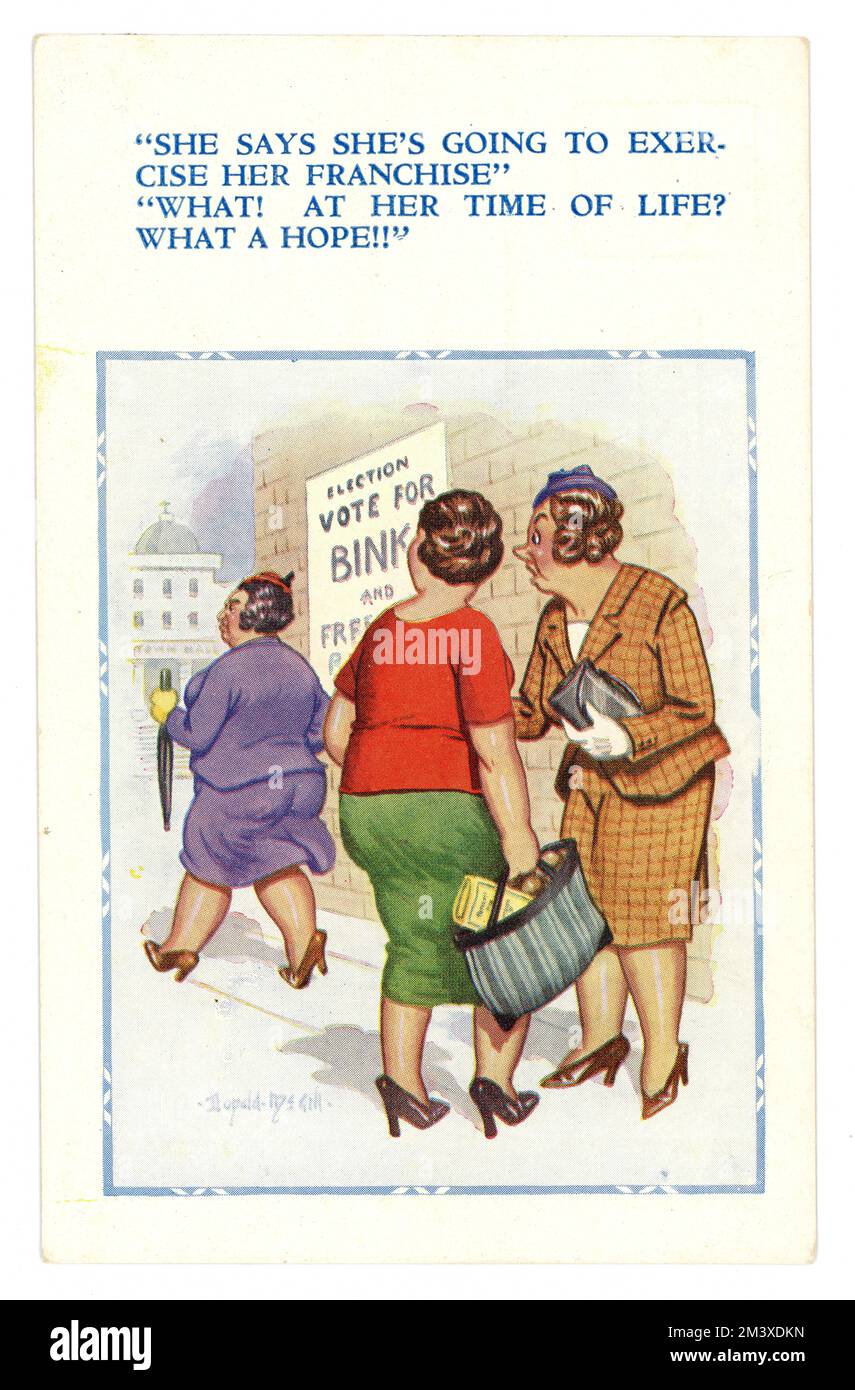 Originale Post WW2 era fumetto Cartoon cartolina, le donne che esercitano la loro franchigia, 'al suo tempo di vita troppo'. (L'EQUAL Franchise Act era il 1928 nel Regno Unito) circa 1948, pubblicato da D. Costanza Ltd., Londra Regno Unito Foto Stock