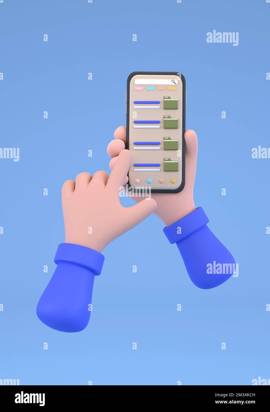3D. Pulsante di download dei file sullo schermo dello smartphone. Impugna lo smartphone, tocca il pulsante con le dita. Foto Stock