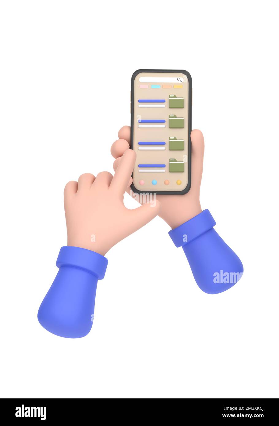 3D. Pulsante di download dei file sullo schermo dello smartphone. Impugna lo smartphone, tocca il pulsante con le dita. Foto Stock