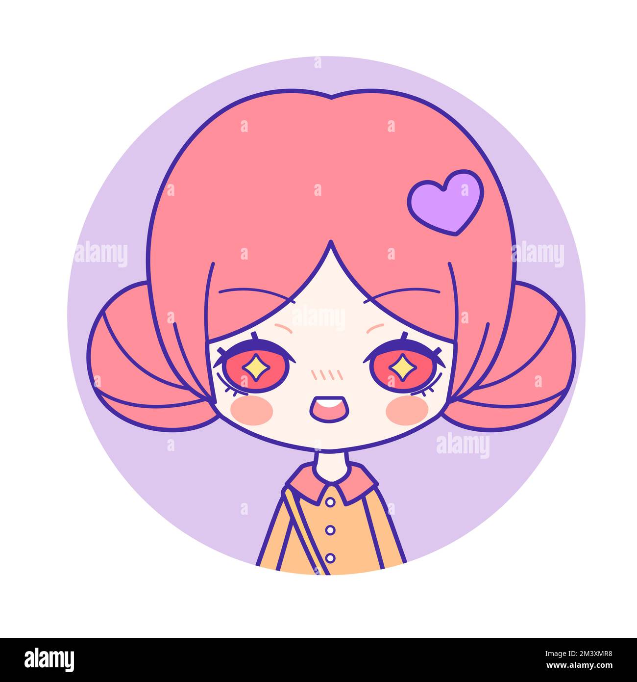 Ritratto alla moda chibi di ragazza cute eccitata con ciambelle di capelli rosa Illustrazione Vettoriale