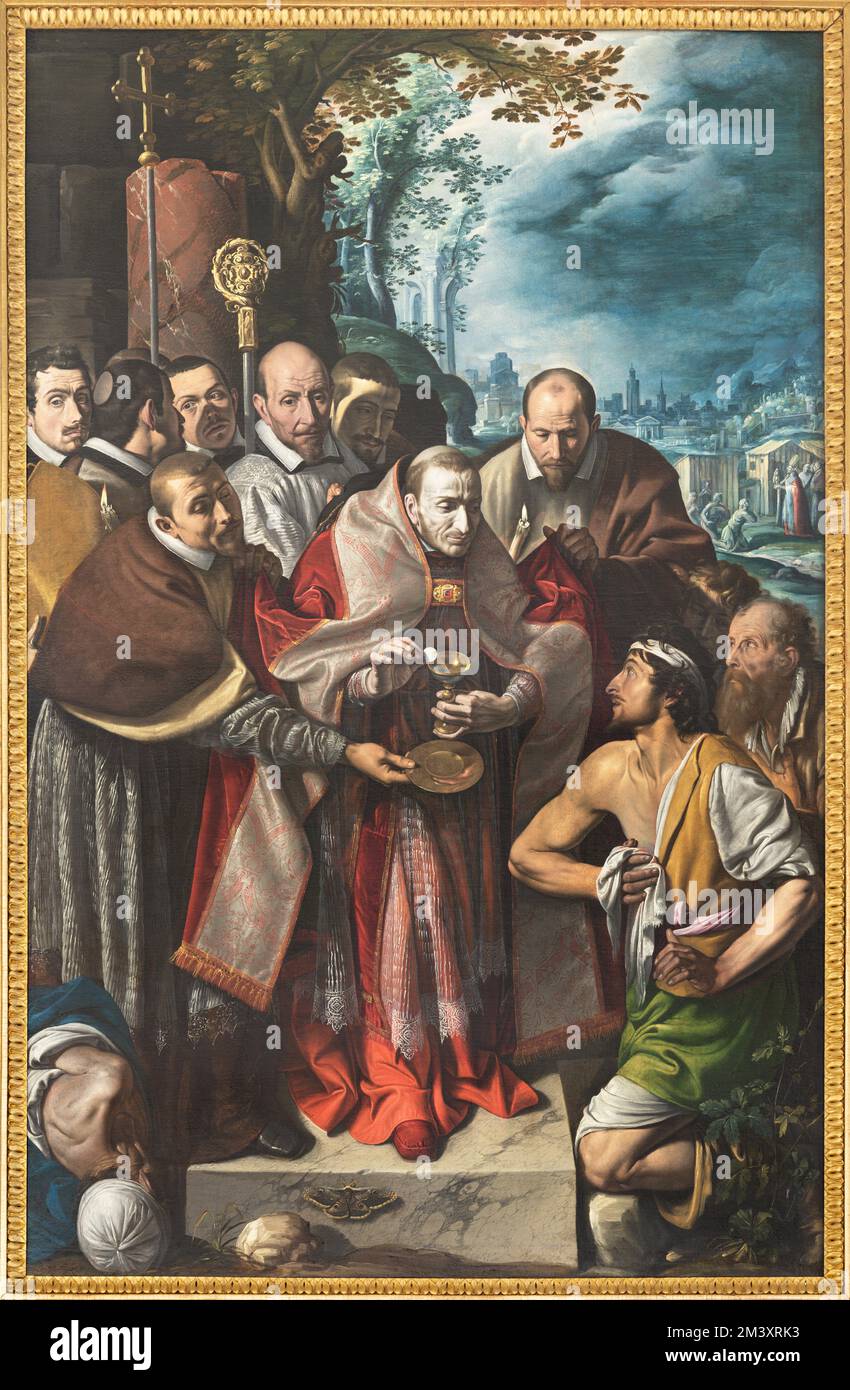 Domodossola - il dipinto San Carlo Borromeo dona la Santa comunione durante l'epidemia di peste nella chiesa dei Santi Gervasio e Protasio Foto Stock