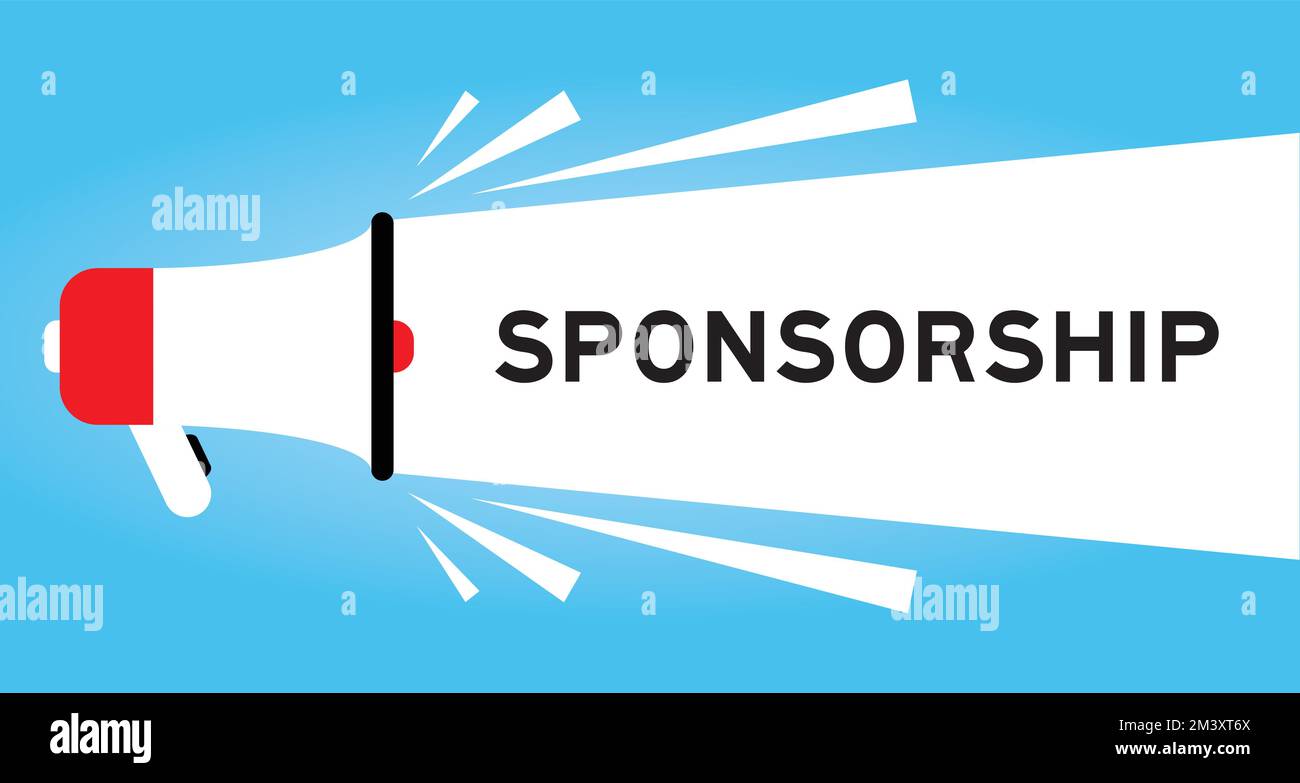 Icona megafone a colori con parola di sponsorizzazione in banner bianco su sfondo blu Illustrazione Vettoriale