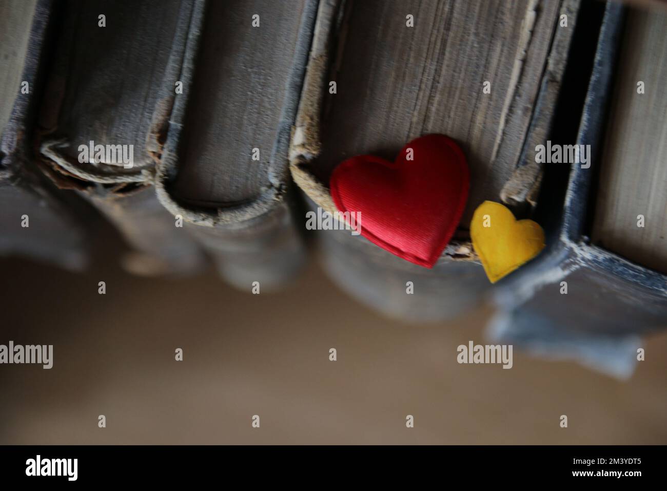 Amate i cuori. San Valentino creativo. Due cuori su vecchi libri. Foto Stock