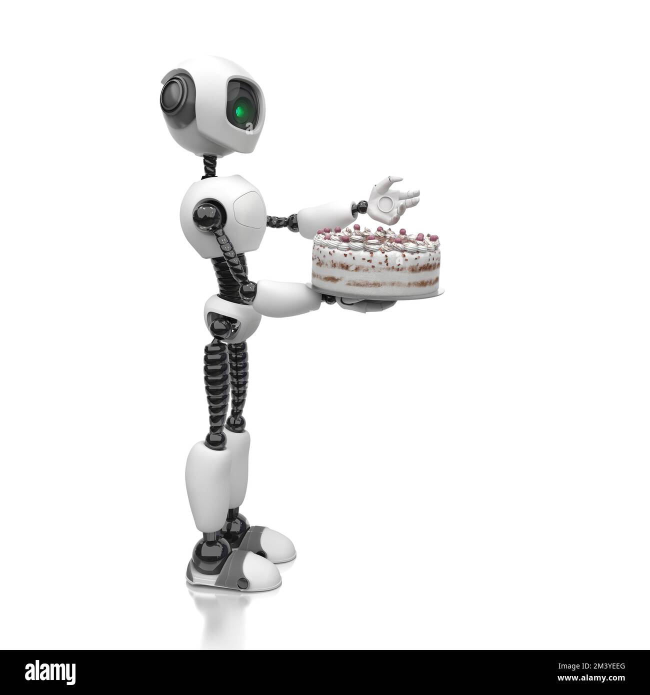Un cameriere robot umanoide o uno chef robot tiene una torta nelle sue mani. Concetto futuro con robotica intelligente e intelligenza artificiale. 3D rendering su un bianco Foto Stock
