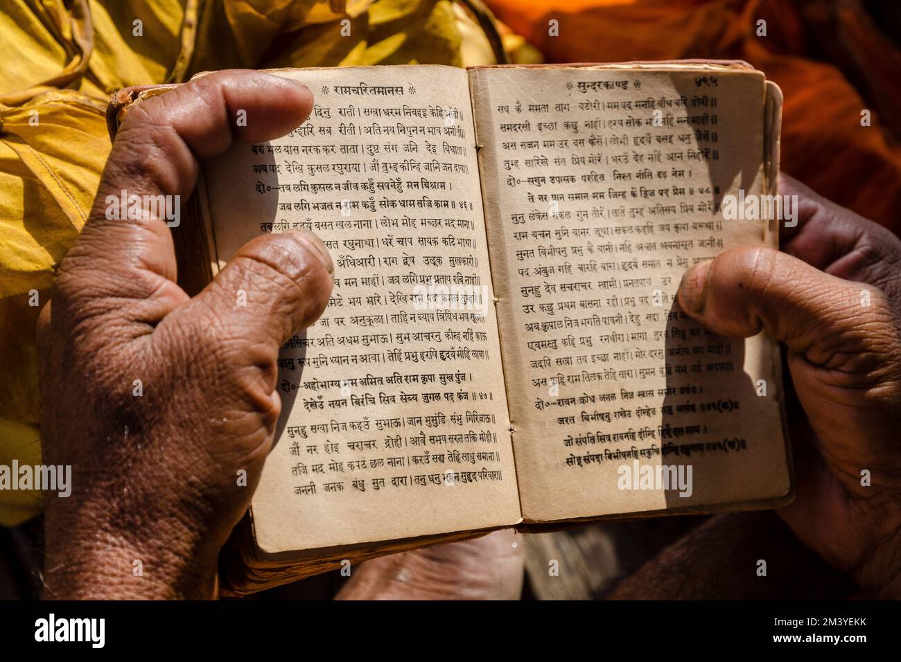 Mani di un Sadhu recita dai libri sacri la mattina a Sangam, la confluenza dei fiumi santi Ganges, Yamuna e Saraswati Foto Stock