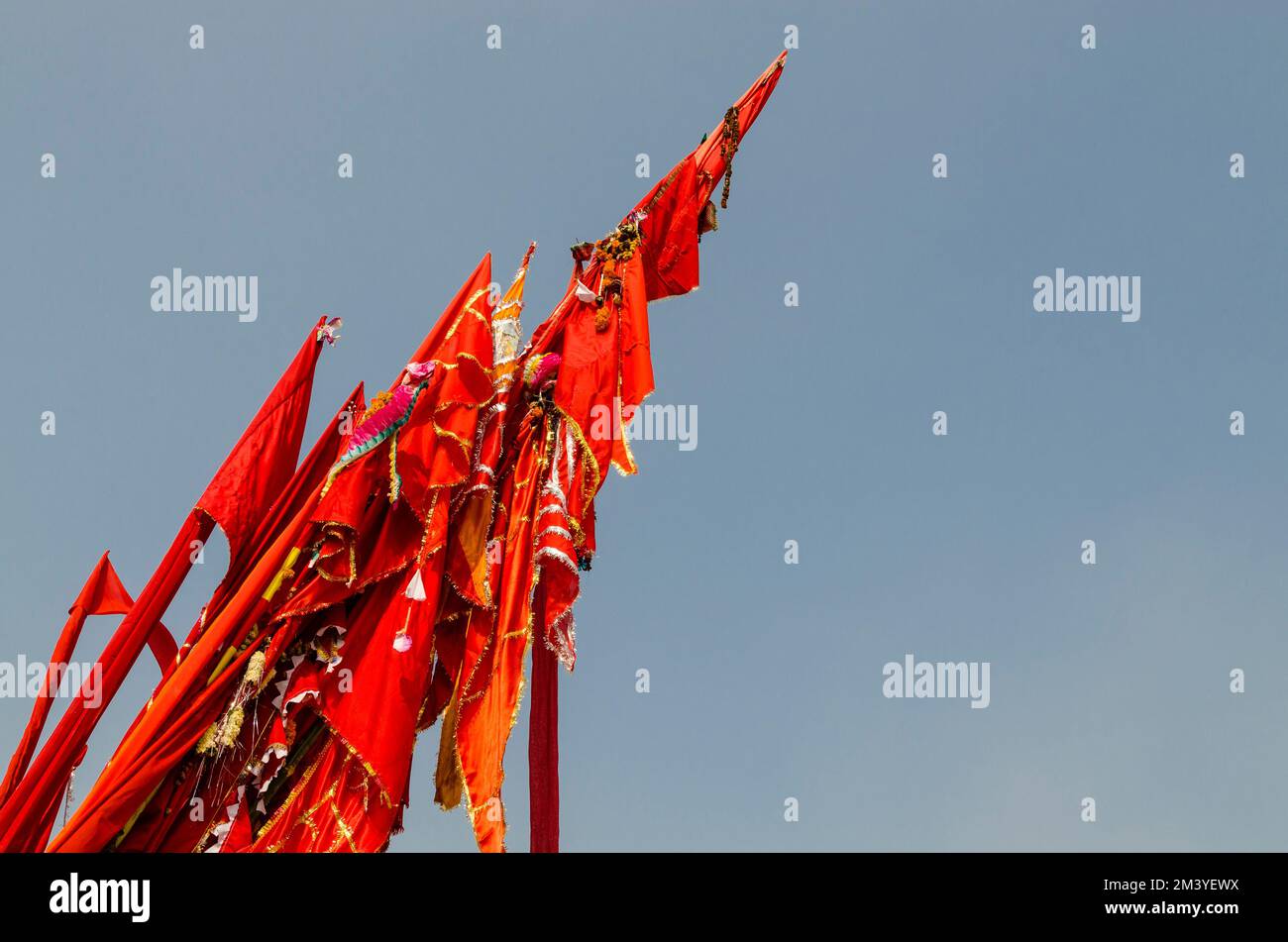 Bandiere che indicano un luogo reliegeous a Sangam, la confluenza dei fiumi santi Ganges, Yamuna e Saraswati Foto Stock