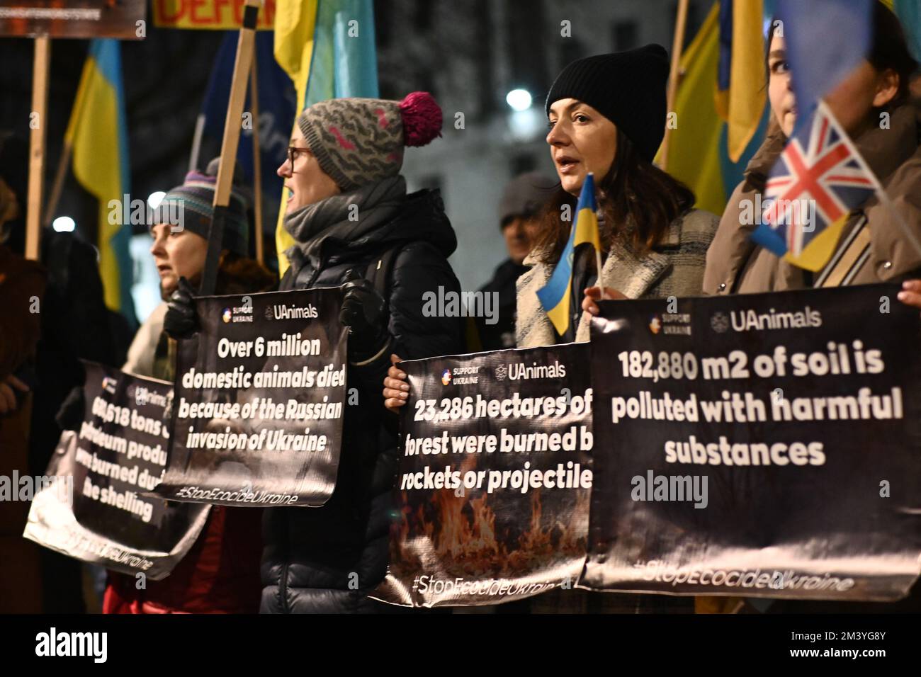 Londra, Regno Unito. 17th dicembre 2022. Protesta Ucraina - Stop Ecocide Ucraina decine di migliaia di persone e animali uccidono dopo l'invasione russa dell'Ucraina nel 17th dicembre 2022,. I manifestanti ucraini grida per più armi "armare l'Ucraina come hai promesso" sono coraggiosi difenderanno il loro paese, non c'è bisogno che gli Stati Uniti/Regno Unito/NATO combatteranno per noi. Ti basterà armarci come ti prometti fuori da Downing Street. Credit: Vedi li/Picture Capital/Alamy Live News Foto Stock