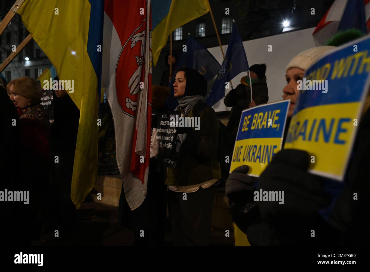 Londra, Regno Unito. 17th dicembre 2022. Protesta Ucraina - Stop Ecocide Ucraina decine di migliaia di persone e animali uccidono dopo l'invasione russa dell'Ucraina nel 17th dicembre 2022,. I manifestanti ucraini grida per più armi "armare l'Ucraina come hai promesso" sono coraggiosi difenderanno il loro paese, non c'è bisogno che gli Stati Uniti/Regno Unito/NATO combatteranno per noi. Ti basterà armarci come ti prometti fuori da Downing Street. Credit: Vedi li/Picture Capital/Alamy Live News Foto Stock
