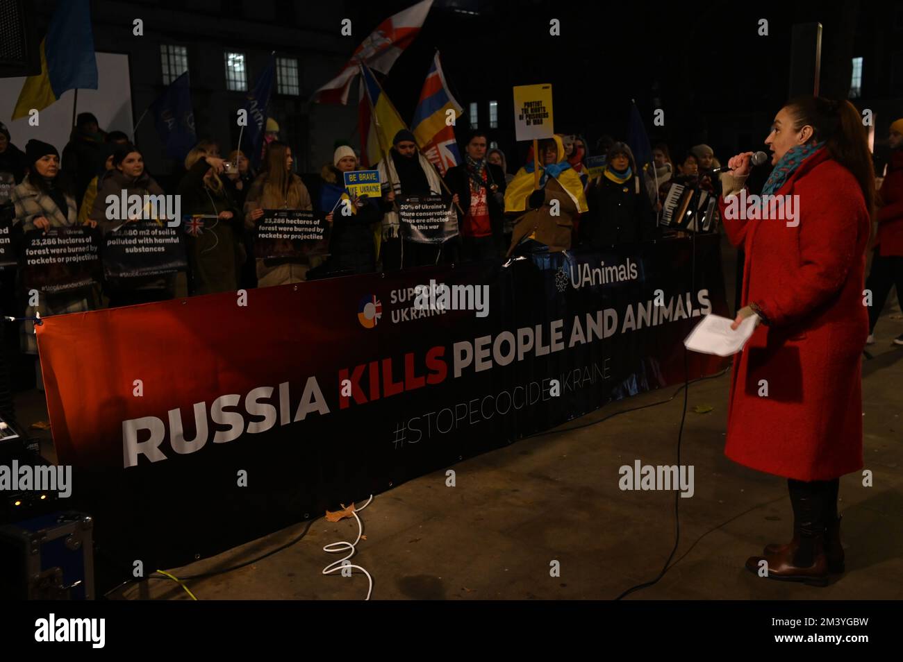 Londra, Regno Unito. 17th dicembre 2022. Protesta Ucraina - Stop Ecocide Ucraina decine di migliaia di persone e animali uccidono dopo l'invasione russa dell'Ucraina nel 17th dicembre 2022,. I manifestanti ucraini grida per più armi "armare l'Ucraina come hai promesso" sono coraggiosi difenderanno il loro paese, non c'è bisogno che gli Stati Uniti/Regno Unito/NATO combatteranno per noi. Ti basterà armarci come ti prometti fuori da Downing Street. Credit: Vedi li/Picture Capital/Alamy Live News Foto Stock