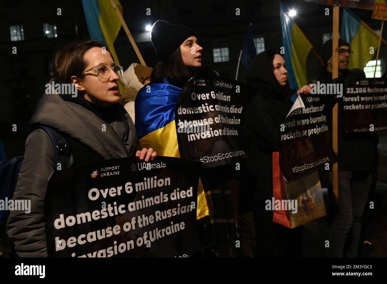 Londra, Regno Unito. 17th dicembre 2022. Protesta Ucraina - Stop Ecocide Ucraina decine di migliaia di persone e animali uccidono dopo l'invasione russa dell'Ucraina nel 17th dicembre 2022,. I manifestanti ucraini grida per più armi "armare l'Ucraina come hai promesso" sono coraggiosi difenderanno il loro paese, non c'è bisogno che gli Stati Uniti/Regno Unito/NATO combatteranno per noi. Ti basterà armarci come ti prometti fuori da Downing Street. Credit: Vedi li/Picture Capital/Alamy Live News Foto Stock