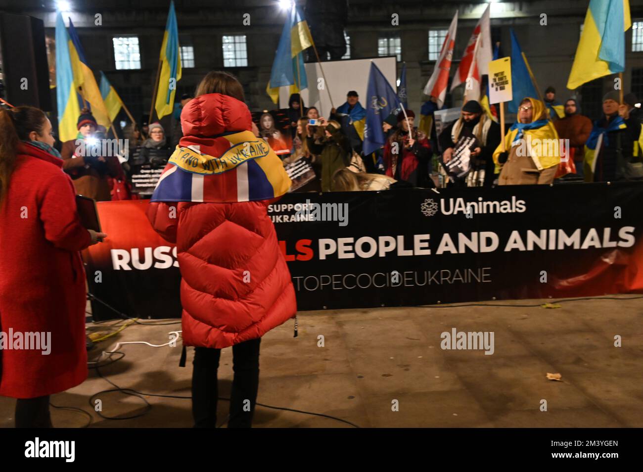 Londra, Regno Unito. 17th dicembre 2022. Protesta Ucraina - Stop Ecocide Ucraina decine di migliaia di persone e animali uccidono dopo l'invasione russa dell'Ucraina nel 17th dicembre 2022,. I manifestanti ucraini grida per più armi "armare l'Ucraina come hai promesso" sono coraggiosi difenderanno il loro paese, non c'è bisogno che gli Stati Uniti/Regno Unito/NATO combatteranno per noi. Ti basterà armarci come ti prometti fuori da Downing Street. Credit: Vedi li/Picture Capital/Alamy Live News Foto Stock