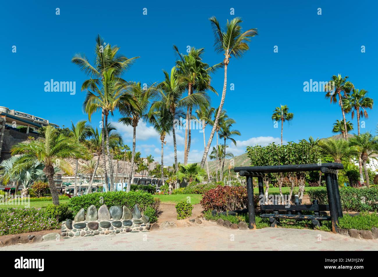Vista di un bellissimo resort con giardino con vegetazione tropicale, palme e fiori in Anfi del Mar, a Gran Canaria - Isole Canarie Foto Stock