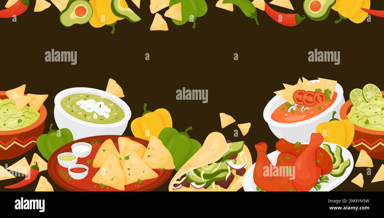 Cibo messicano. Bordo orizzontale senza cuciture con piatti tradizionali latinoamericani Quesadilla, Taco, guacamole con nachos, zuppa di pomodoro e verde, Achiote Illustrazione Vettoriale Cibo messicano. Bordo orizzontale senza cuciture con piatti tradizionali latinoamericani Quesadilla, Taco, guacamole con nachos, zuppa di pomodoro e verde, Achiote Illustrazione Vettoriale