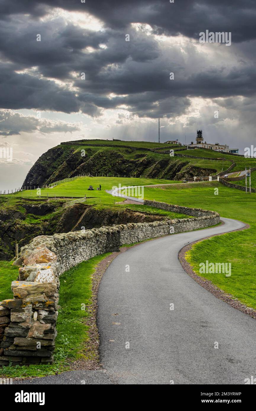 Il faro principale di Sumburgh, Shetland Islands, Regno Unito Foto Stock