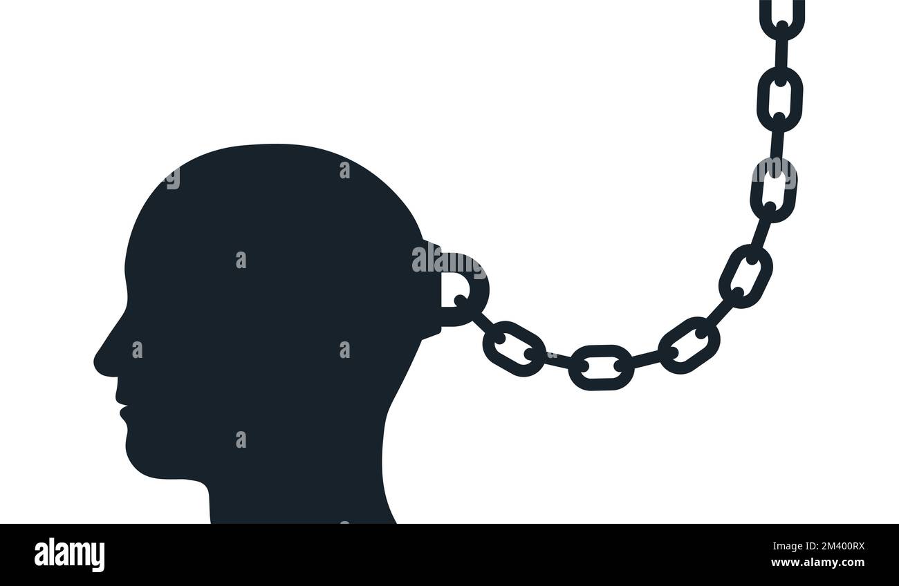 Uomo silhouette testa intrappolata con catena. Raffigurante la mente chiusa, la depressione o la schiavitù. Illustrazione vettoriale. Illustrazione Vettoriale