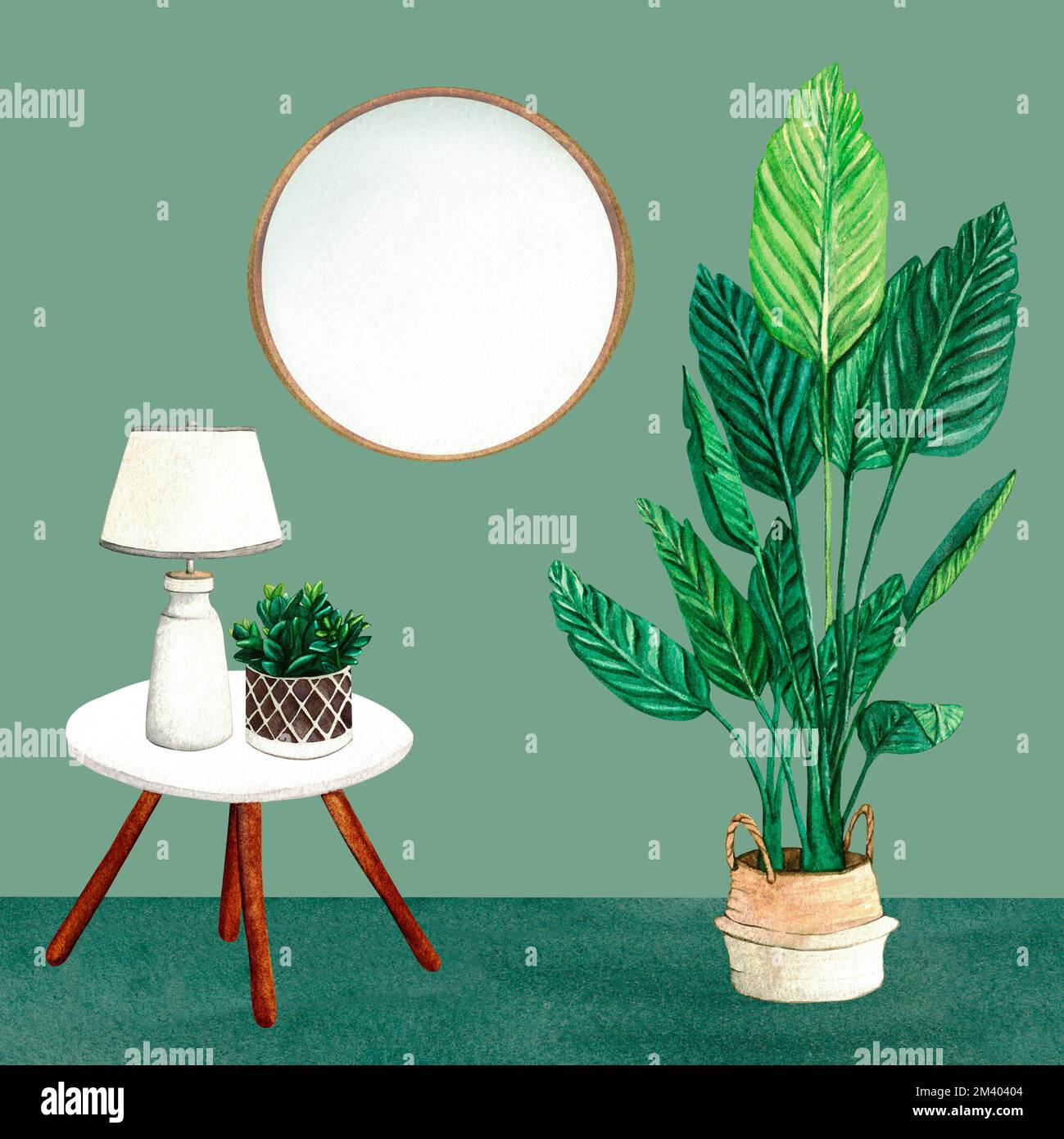 Lampada da notte e impianto di casa sul tavolino da caffè. Acquerello all'interno del soggiorno. Clipart. Elementi di arredamento su sfondo bianco Foto Stock