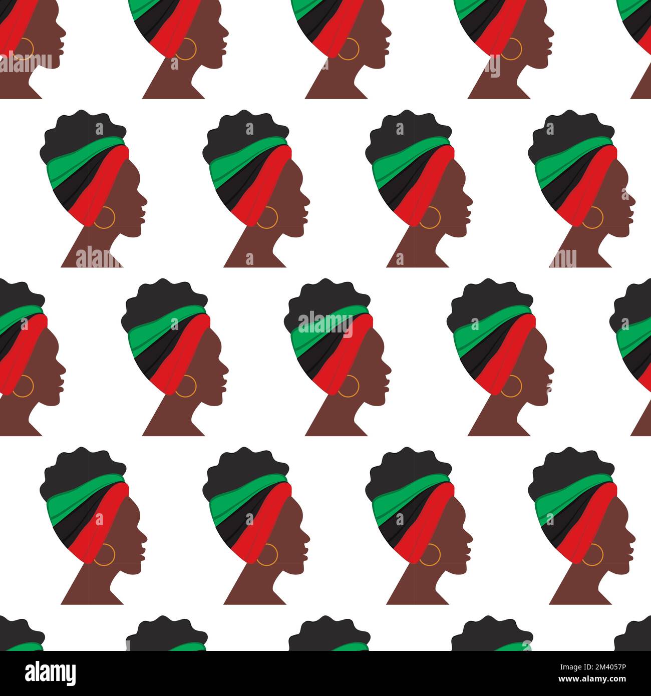 Modello senza cuciture di profilo femminile afro-americano con fascia in colori nazionali girato in una direzione. Trama di sfondo ripetuta astratta. Isolare. Ideale per poster, striscioni o scritte. EPS Illustrazione Vettoriale