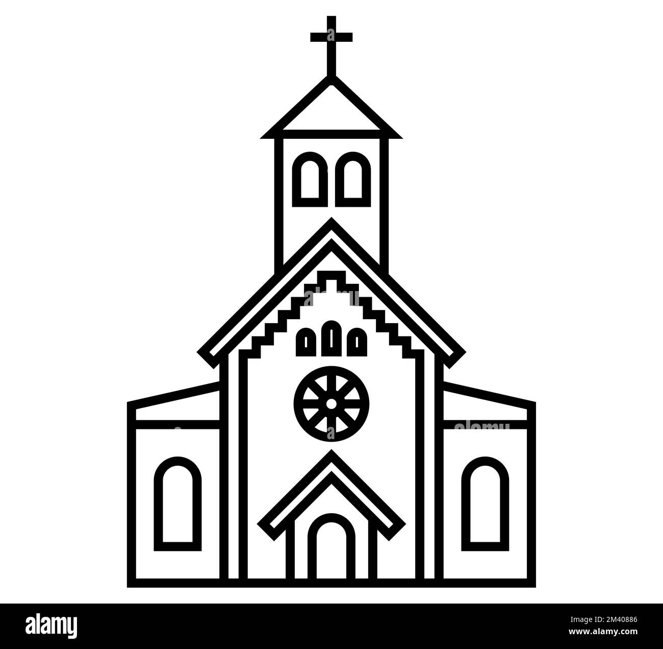 icona lineare nera della chiesa cristiana. edificio religioso. illustrazione del vettore piatto Illustrazione Vettoriale