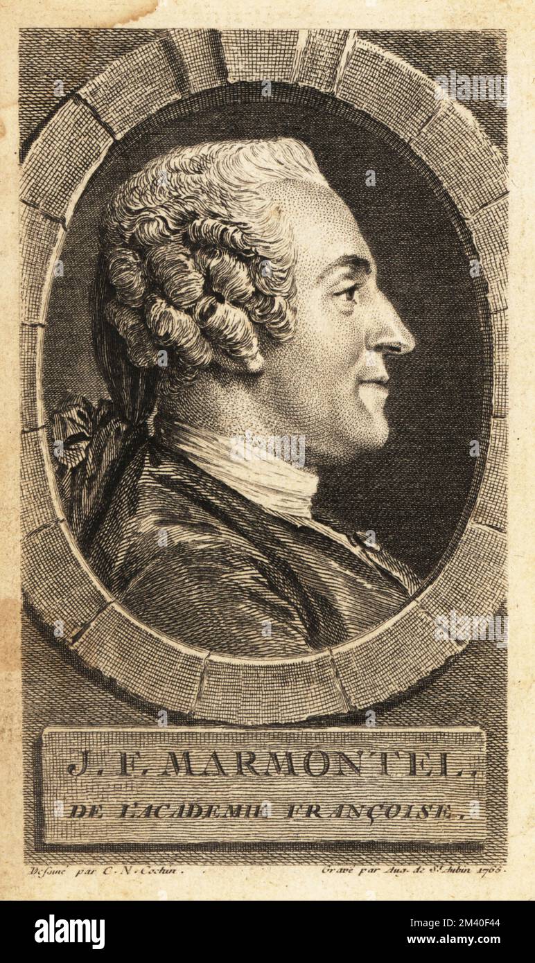 Ritratto di Jean-Francois Marmontel, saggio, poeta, drammaturgo, traduttore, Filosofo, discepolo di Voltaire, membro dell'Accademia Francaise, 1723-1799. Incisione su copperplate di Augustin de Saint-Aubin dopo un ritratto di Charles-Nicolas Cochin, tratto da Contes Moraux di Marmontel, pubblicato da Chez J. Merlin, Parigi, 1765. Foto Stock