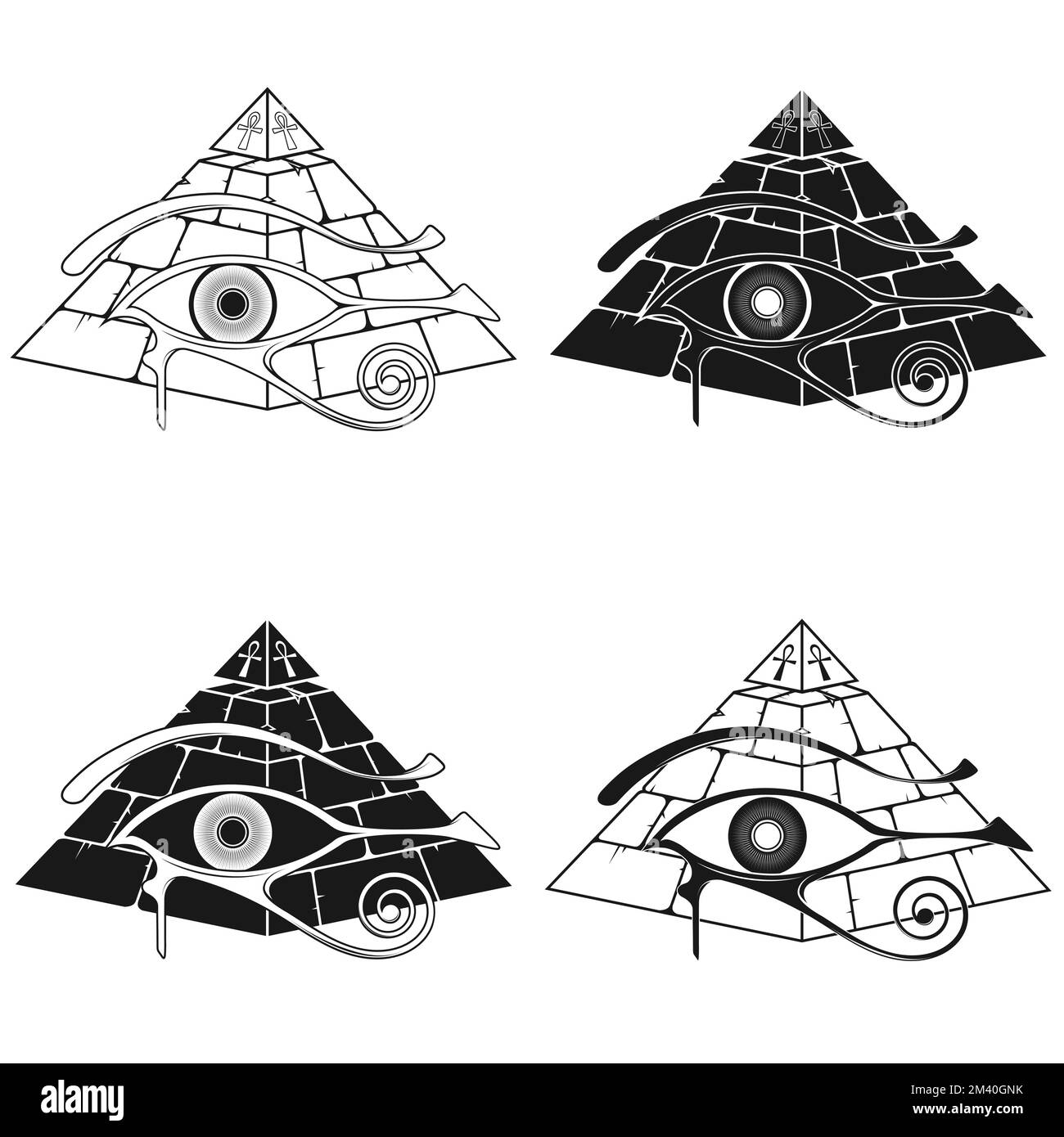 Antico Egitto piramide disegno vettoriale, con l'occhio di horus e croce ricotta, antichi simboli egiziani Illustrazione Vettoriale
