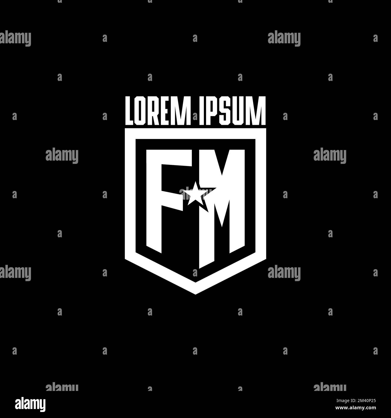 Logo FM Initial gaming con scudo e design ispirato a stelle Illustrazione Vettoriale