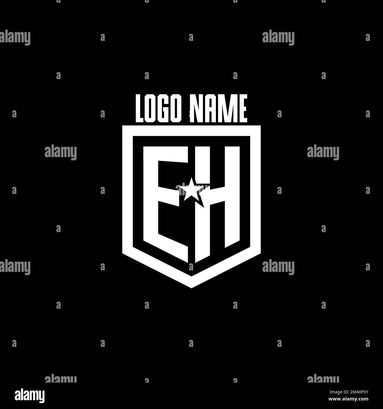 Logo EH Initial per il gioco con scudo e design ispirato a stelle Illustrazione Vettoriale